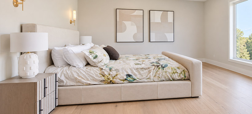A styled bedroom furnished by Marshall's Home Living, Kelowna